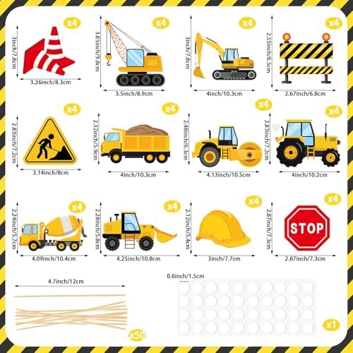 48 Pack Construction Cupcake Toppers Stop Sign Dump Truck Excavator Tractor Cupcake Picks for Kids Construction Vehicles Theme Party Baby Shower Birthday Party Decoration Supplies