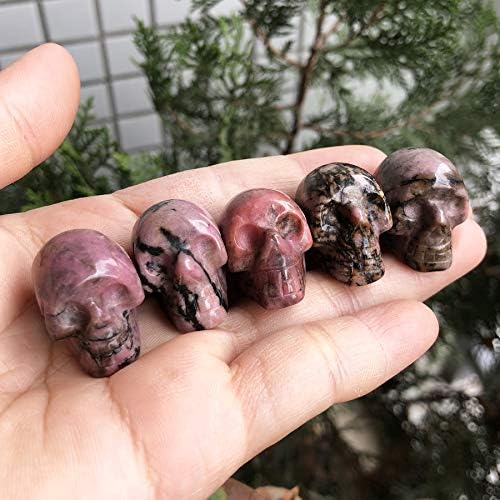 Mini 1" Crystal Human Skull Head Statue Figurine, Hand Carved Pocket Stone Halloween Sculptures Decoration Healing Reiki, Pack of 5, Rhodonite