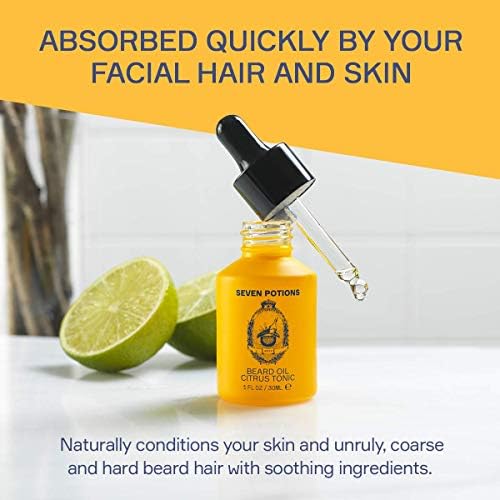 SEVEN POTIONS Natural Beard Oil for Men 1 FL OZ / 30ml — Fresh & Citrus Beard Softener & Conditioner — Vegan Conditioning Oil That Helps Prevent Itch & Dandruff (Citrus Tonic)
