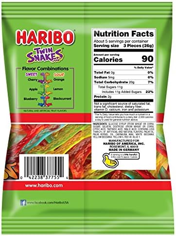 Haribo of America Twin Snakes Gummi Candy, Assorted Sweet and Sour Flavors, 5 Ounce
