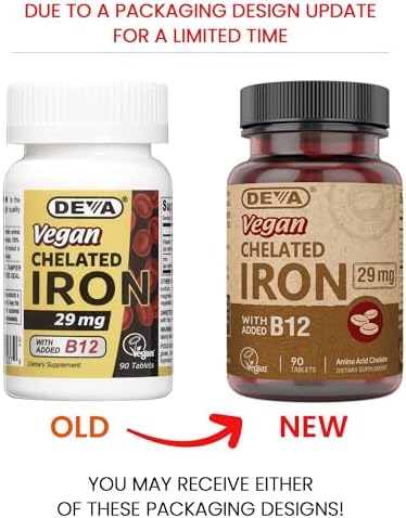 DEVA Nutrition Vegan Chelated Iron 29 mg Fortified with B-12 - High Potency, Easy to Swallow - 90 Tablets, 2-Pack