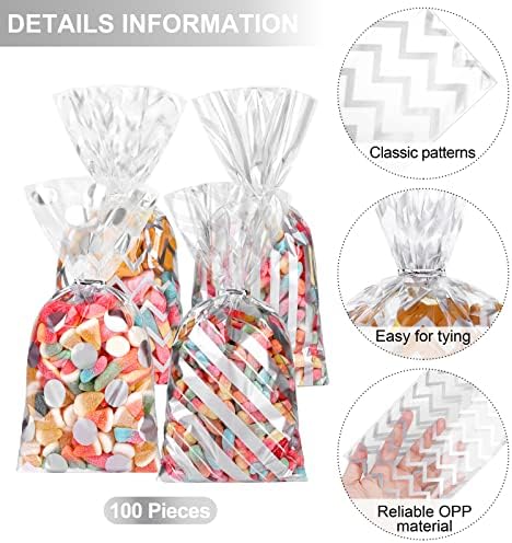 Aodaer 100 Pieces 10.6 x 5.1 In Silver Cellophane Bags Plastic Candy Gift Bags Cellophane Treat Bag with Twist Ties Stripes Polka Dot Printed Pattern Goodie Bag for Birthday Weddings Party Favors