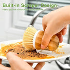 SUBEKYU Bamboo Dish Brush, Kitchen Dish Scrubber Brush, Natural Wooden Dishwashing Brush for Cleaning Dishes/Pans/Pots, Built-in Scraper, Sisal Bristles,1 Set