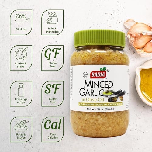 Badia Minced Garlic in Olive Oil, 16 oz – Fresh Minced Garlic, Bold Flavor for All Purpose Cooking, Gluten Free