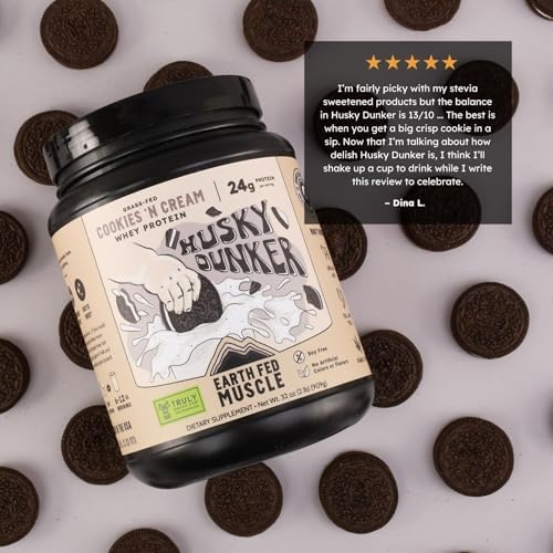 Earth Fed Muscle Husky Dunker Cookies 'n Cream Irish Grass Fed Whey Protein Isolate, Third-Party Certified. 24g Protein, Cookies & Cream - Non-GMO, Hormone Free, Soy Free - 2 LB, 27 Servings