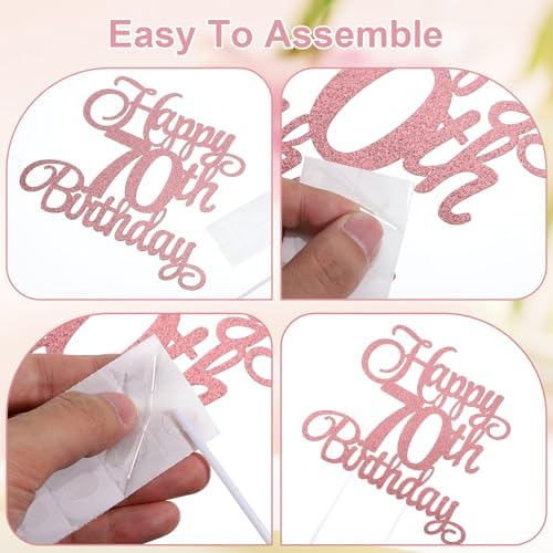 cobee 70th Birthday Cake Decorations, Glitter Happy 70th Birthday Cake Topper Set with Numeral Candles 70thBirthday Cakes Picks for Birthdays Party Supplies (Pink)