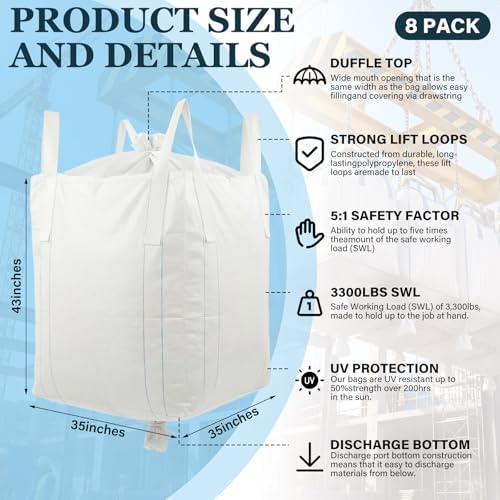 Aliceset 8 Pcs FIBC Sack Bag Bulk 1.5 Ton Bag 3300lbs SWL 35"L x 35"W x 43"H Heavy Duty Large Sand Sacks with Duffle Bottom Handle Polypropylene for Industrial Agriculture Transport Construction