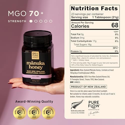 100% Pure New Zealand Honey - MGO 70+ Monofloral Mānuka Honey, 100% Pure New Zealand Raw Mānuka, 17.6 Ounce (500g) (Pack of 1)