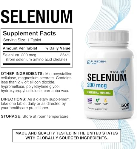 Puregen Labs Selenium 200 mcg Yeast Free Essential Mineral - 500 Vegetarian Tablets | Immune & Antioxidant Support | Non-GMO, Gluten Free