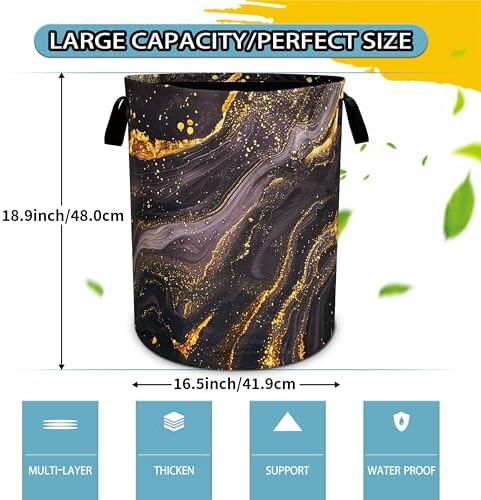 Black Gold Marble Laundry Basket Beautiful Pattern Foldable Oxford Cloth Funny Tote Bag Laundry Hamper Clothes Storage Bucket Toy Organizer For Bathroom/Laundry Storage/Bedroom 18.9x16.5 inch