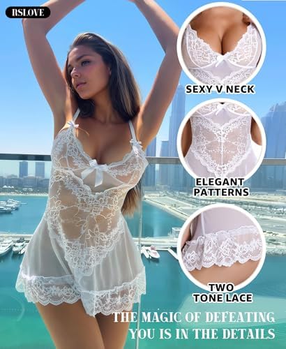 RSLOVE Babydoll Lingerie for Women Lace Chemise Sexy Nightgown Sleepwear Dress