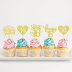 48 Pack Happy Sweet 16 Cupcake Toppers Sweet Sixteen 16 Happy 16 Cupcake Picks for 16th Birthday Wedding Anniversary Party Cake Decorations Supplies Gold