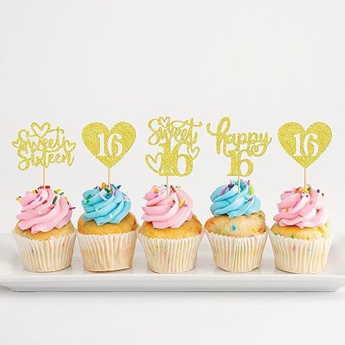 48 Pack Happy Sweet 16 Cupcake Toppers Sweet Sixteen 16 Happy 16 Cupcake Picks for 16th Birthday Wedding Anniversary Party Cake Decorations Supplies Gold