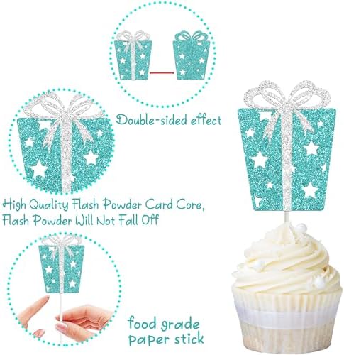 Teal Blue Gift Box Cupcake Toppers Glitter Birthday Party Decorations 24PCS Gift Boxes Bow Baby Bride Shower Cupcake Picks for Princess Theme Baby Shower Bridal Shower Supplies