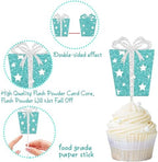 Teal Blue Gift Box Cupcake Toppers Glitter Birthday Party Decorations 24PCS Gift Boxes Bow Baby Bride Shower Cupcake Picks for Princess Theme Baby Shower Bridal Shower Supplies