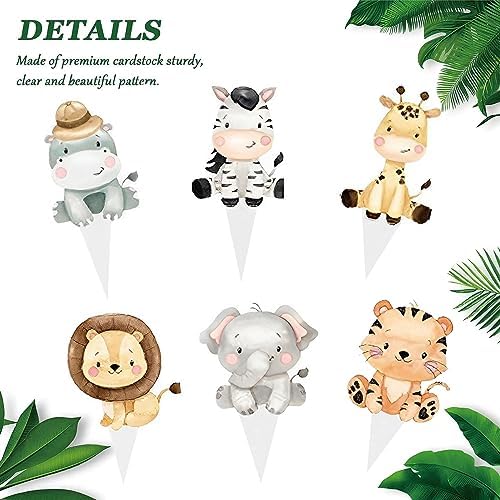 24Pcs Jungle Safari Animal Cupcake Toppers Happy Birthday Cake Decor for Jungle Theme Baby Shower Kids Birthday Party Wild One Cake Decorations Supplies