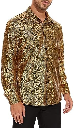 Zando Mens Disco Shirt Outfit Retro 70s Shirts for Men Sequin Glitter Long Sleeve Button Down Disco Outfits Party Costume