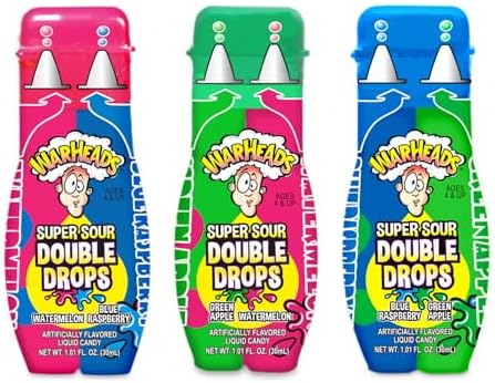 WARHEADS Super Sour Double Drops - Liquid Sour Candy - Blue Raspberry, Green Apple and Watermelon Assorted Flavors - 1.01 oz. Bottles - 6 Pack