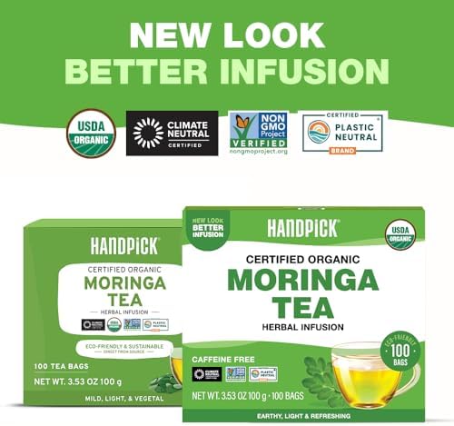HANDPICK, Organic Moringa Tea Bags (100 Count), Pure Moringa Leaves | Authentic Indian Origin | Caffeine Free, Non GMO | Round Eco-conscious Teabags