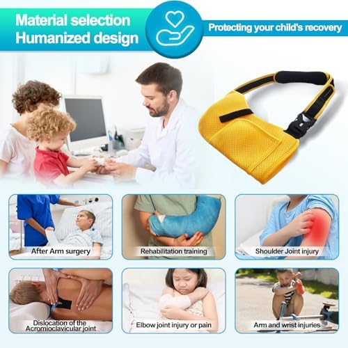 Arm Sling for Kids - Adjustable Breathable Shoulder Immobilizer with Pockets,Supports Rotator Cuff Injury,Wrist,Elbow,Clavicle Fracture Recovery,Post-Surgery Sling for Left or Right Arm(Yellow,Small)