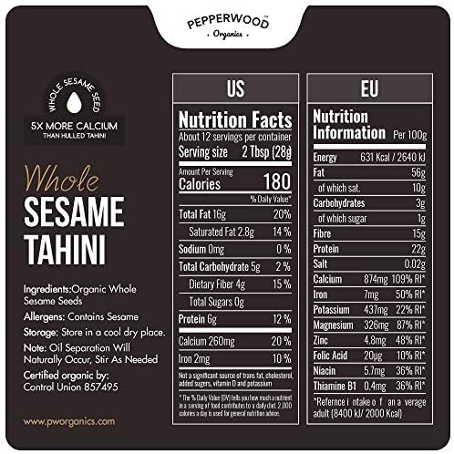Organic Whole Sesame Tahini Paste - Unhulled & Stone-Ground - Silky Smooth Texture in Hummus, Dips, Dressings - Unsalted, Nut-Free, Kosher, Paleo, Keto 11.6 oz Glass Jar (2-Pack) Pepperwood Organics
