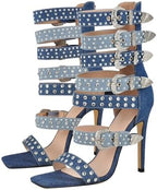 VERISSON Square Toe Rhinestone Stiletto High Heel Sandal Boots for Women – 11 cm Crystal Stiletto Heels Rivet Studded Buckle Bands, Summer Sandals with Backside Zipper Design