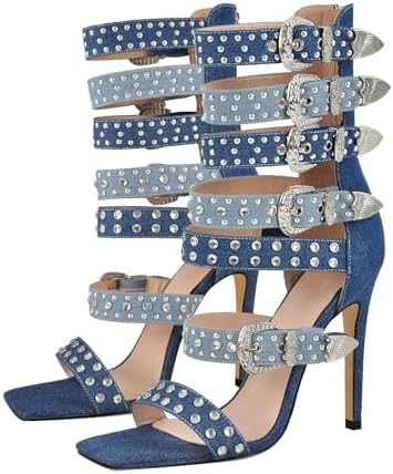 VERISSON Square Toe Rhinestone Stiletto High Heel Sandal Boots for Women – 11 cm Crystal Stiletto Heels Rivet Studded Buckle Bands, Summer Sandals with Backside Zipper Design