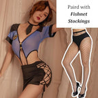 ROSVAJFY Women Police Costume Cop Outfit Sexy Cosplay Lingerie Set Policewoman Officer Uniform Naughty Fancy Dress Sheer Mesh Top Mini Dress Halloween Anime Role Play Teacher Bodysuit+Stockings
