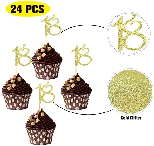 Sumerk 24PCS 18 Cupcake toppers Gold Glitter 18th Birthday Cupcake Picks Anniversary Party Decorations