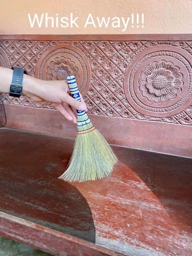 Small Corn Wisk Brush Broom 11 Inch Blue, Red Flagged Indoor Heavy Duty Multi Surface Hard & Soft Floor 100% Handmade(Blue), AW038-AW0038, length 11 Inch, wide 4.5 inch,