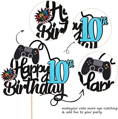 1 PCS Video Game Happy 10th Birthday Cake Topper Glitter Video Game Cake Pick Game On Controllers Ten Cheers to 10 Years Cake Decoration for Happy 10th Birthday Party Supplies Blue