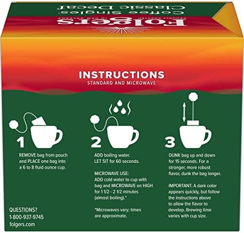 Folgers Coffee Singles Classic Decaf Medium Roast Coffee, 19 Single Serve Coffee Bags
