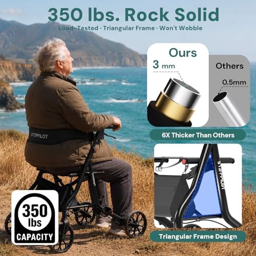 Zero Wobble Rollator Walker with Seat for Seniors, 350lb Capacity, 18" Extra Wide Seat, 8" Wheels & Dual Brake, One-Hand Folds to 9.6", 7-Level Handle Adjustable, Cup Holder & Cane Clip