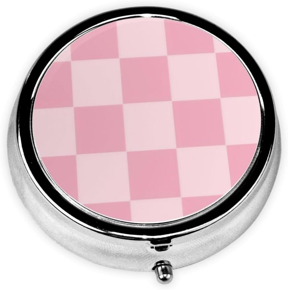 Pill Box 3 Compartment Pocket Small Pill Organizer Mini Metal Pill Holder Travel Portable for Woman - Pink Checkered Pattern