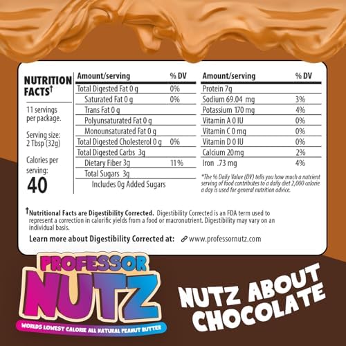 Professor Nutz Organic Peanut Butter- Low Calorie, Nut Butter, Natural Peanut Butter, Natural Fiber, Healthy Peanuts, Great source of Protein, 30 Essential Vitamins (12.41 Oz, Chocolate)