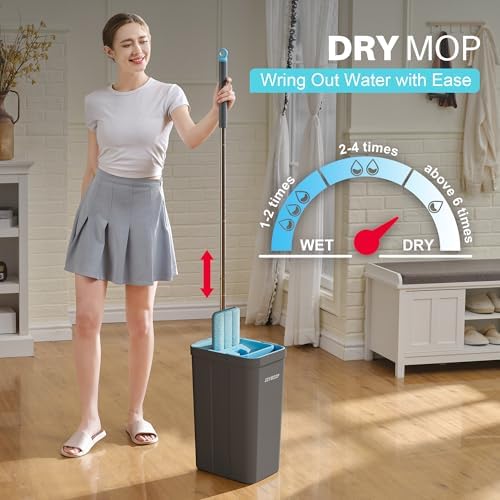 JOYMOOP Mop and Bucket Set, Mops for Floor Cleaning, Wall Mop Cleaner with Long Handle, with 6 Reusable Microfiber Mop Pads - Grey+Cyan Blue