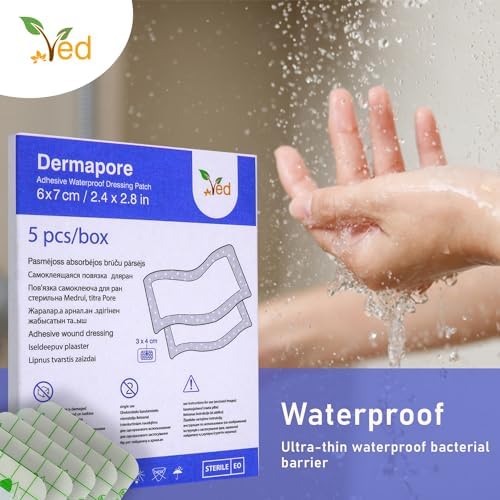 VED Dermapore Waterproof Adhesive Wound Dressing- Suitable for cuts and grazes, Diabetic Leg ulcers, venous Leg ulcers, Small Pressure sores- Medium, 6 x 7cm (Pack of 5)., Blue