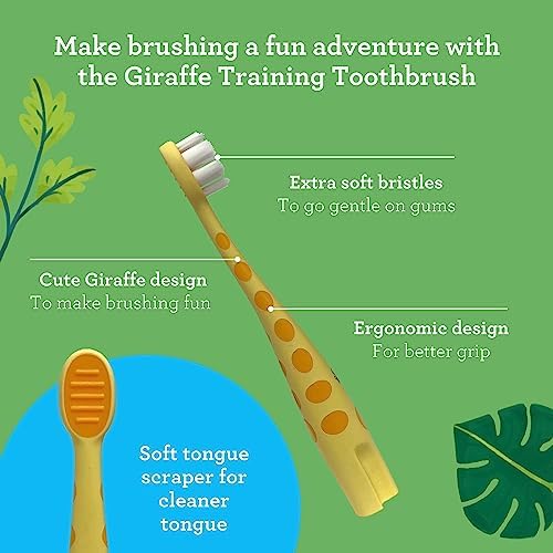 GuruNanda Kids Butter On Gums Cute Giraffe Toothbrush with Tongue Scraper & Cover - Super Soft Bristles for Gentle Cleaning -Ergonomic Handle (Age 1+)