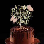 A Little Butterfly is on Her Way Cake Topper,Butterfly Themed Cake Decoration,Great for baby shower, welcome baby,gender reveal party decoration supplies (gold)
