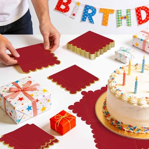 50 Pieces Red Scalloped Napkins with Gold Foil 2-Ply Red and Gold Disposable Scalloped Cocktail Napkins Paper for Dinner Wedding Baby Shower Birthday Party Dessert Beverage Napkin