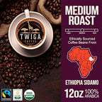 Twiga Coffee Premium Ethiopian Sidamo Whole Bean Coffee – Organic Medium Roast Arabica with Berry, Citrus & Floral Notes – Single Origin Ethiopia – Freshly Roasted 12 oz