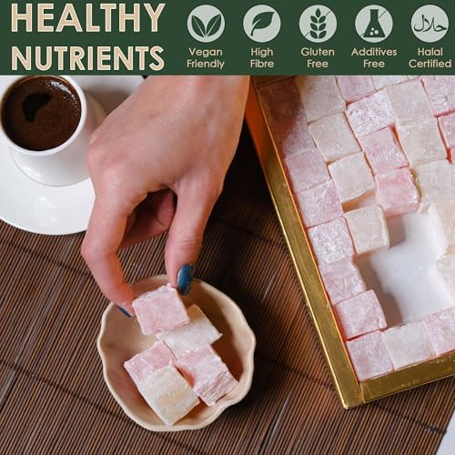 Rose & Plain Turkish Delight Duo – Classic Lokum Candy Box, Traditional Turkish Sweets, Gourmet Arabic Candy Gift, Delicias Turcas17.6 oz (500g) (Rose)