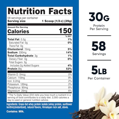 Nutricost Grass-Fed Whey Protein Isolate (Vanilla) 5LBS - Non-GMO, Gluten Free, Natural Flavors