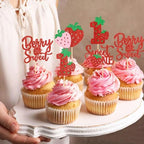 24Pcs Strawberry ‘Sweet One’ Cupcake Toppers Sweet 1st Birthday Strawberry Cupcake Baby Shower Kids Birthday Anniversary Party Cake Decorations