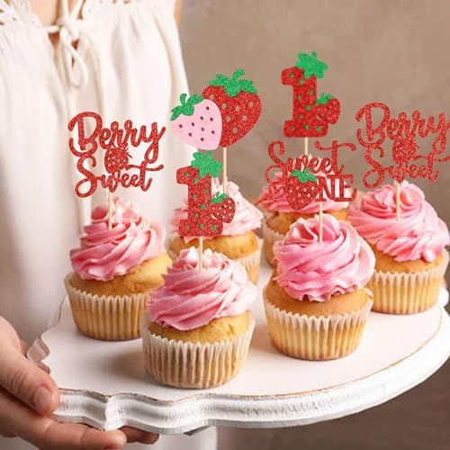 24Pcs Strawberry ‘Sweet One’ Cupcake Toppers Sweet 1st Birthday Strawberry Cupcake Baby Shower Kids Birthday Anniversary Party Cake Decorations