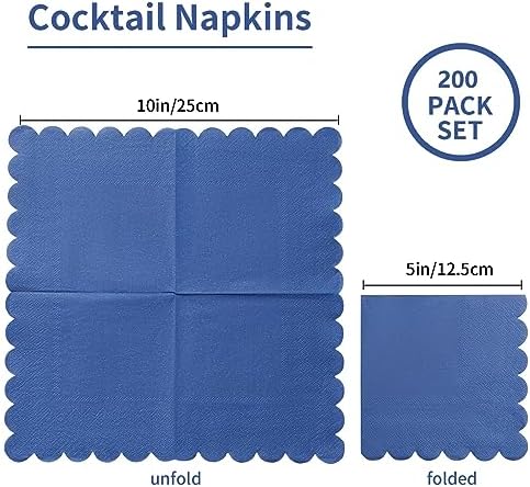 200 Pack Cocktail Napkin 2-Ply Scalloped Edged Dessert Napkins Folded 5 x 5 Inches Disposable Napkins for Dinner Wedding Birthday Party Bridal Anniversary Reception Event (Navy Blue)