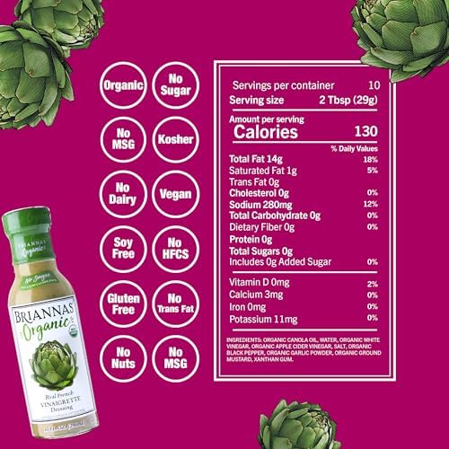 BRIANNAS - Organic Real French Vinaigrette Dressing - Certified Kosher & Organic Salad Dressing made with Premium Ingredients - Sugar-Free Dressing - 10 oz. Bottle