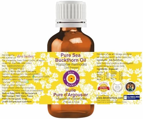 dève herbes Sea Buckthorn Oil (Hippophae rhamnoides) | Cold Pressed | Pure | Natural | Undiluted | for Diluting Essential Oils | for Skin & Massage | Non-Sticky| Lightweight| Unisex | 10ml (0.33 oz)