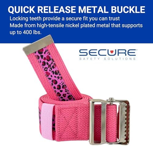 Secure Safety Solutions Gait Belt for Seniors 60”, Pink Leopard - Quick Release Metal Buckle - Transfer Walking Gate Lift Assist Elderly PT Physical Therapy
