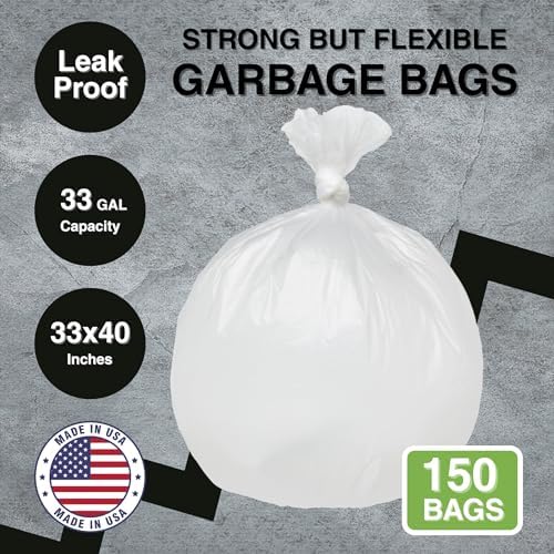 Top Knot Bags 33 Gallon Garbage Trash Bag 33X40" Clear 150 Count Can Liner Bulk 30 Gallon 31 Gallon 32 Gallon 34 Gallon 35 Gallon Made in USA
